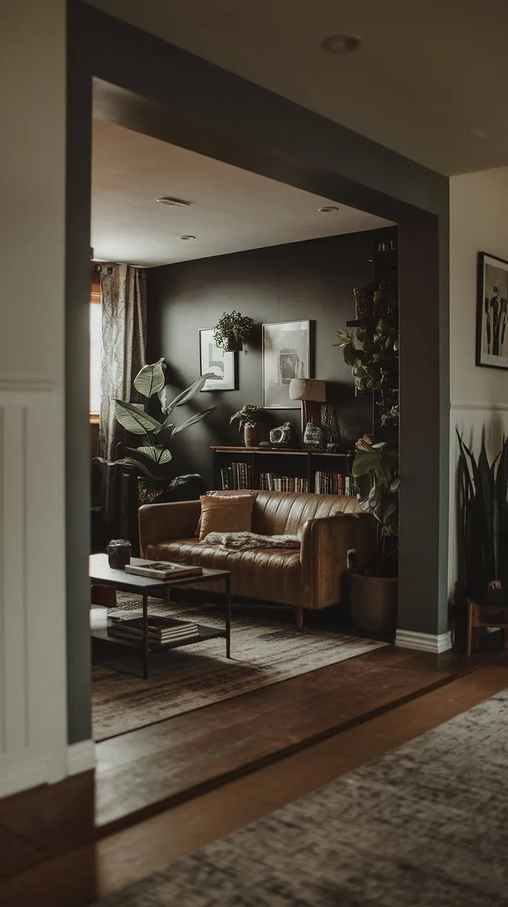 The stylish moody basement showcases a cool aesthetic through its open plan vintage remodel, offering a cozy rec room ideal for comfortable living and creative small dark basement ideas.