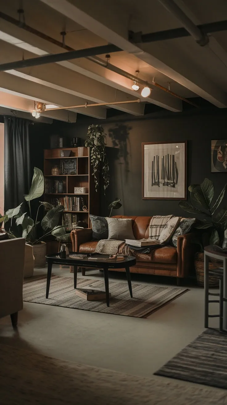 Create a comfortable and inviting space in your unfinished basement with a vintage remodel, soft lighting, and a cozy rec room that showcases a cool aesthetic and open plan design.