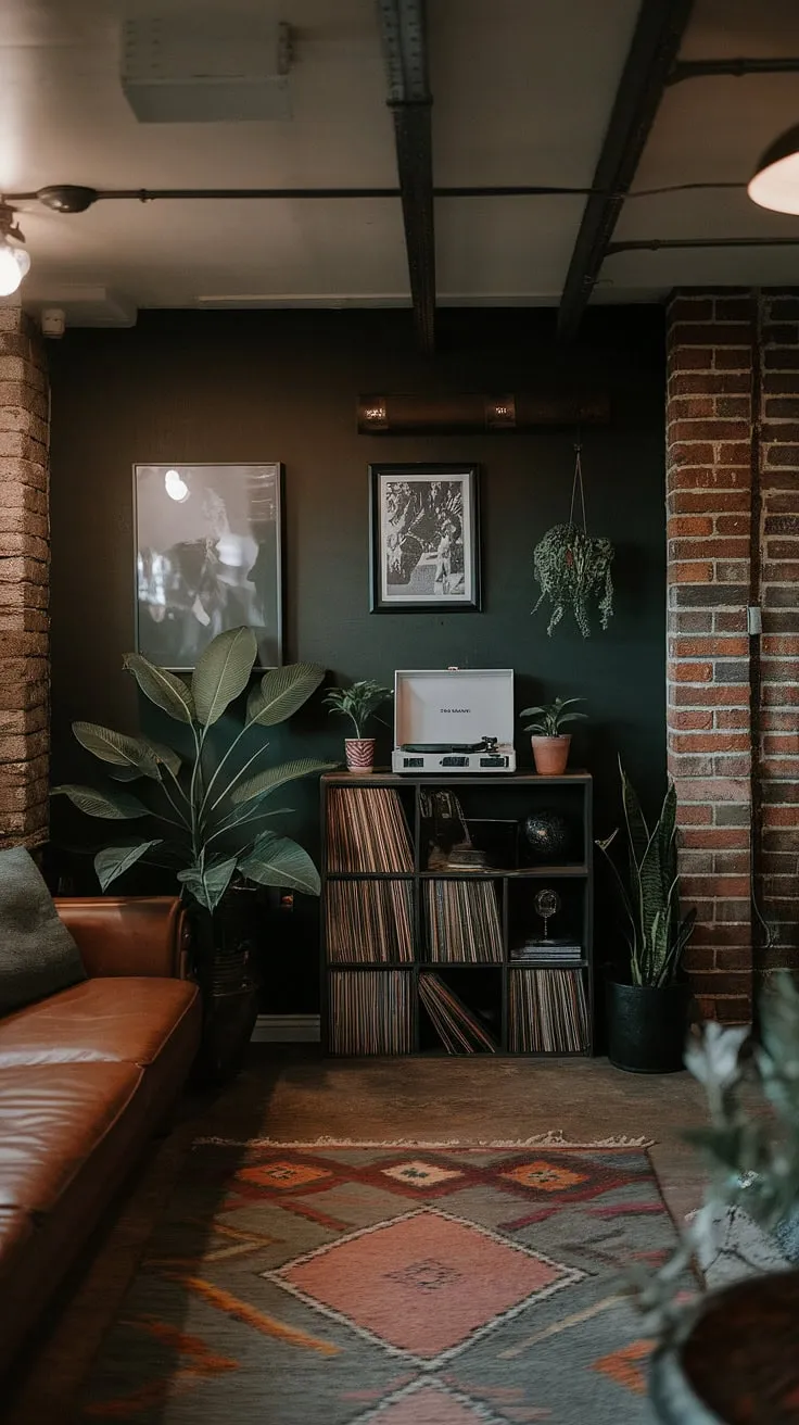 With its dark walls, exposed brick, and comfortable furnishings, this stylish basement showcases small dark basement ideas and comfortable basement ideas for a cozy retreat.