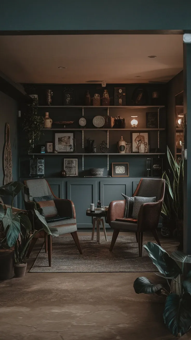 With its dark walls, vintage decor, and comfortable seating, this stylish basement showcases cute unfinished ideas and small dark basement solutions for a cozy retreat.