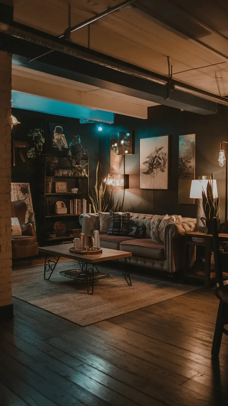 With dark walls, wooden floors, and inviting decor, this stylish basement showcases small dark basement ideas and living in basement ideas that create a warm and welcoming atmosphere.