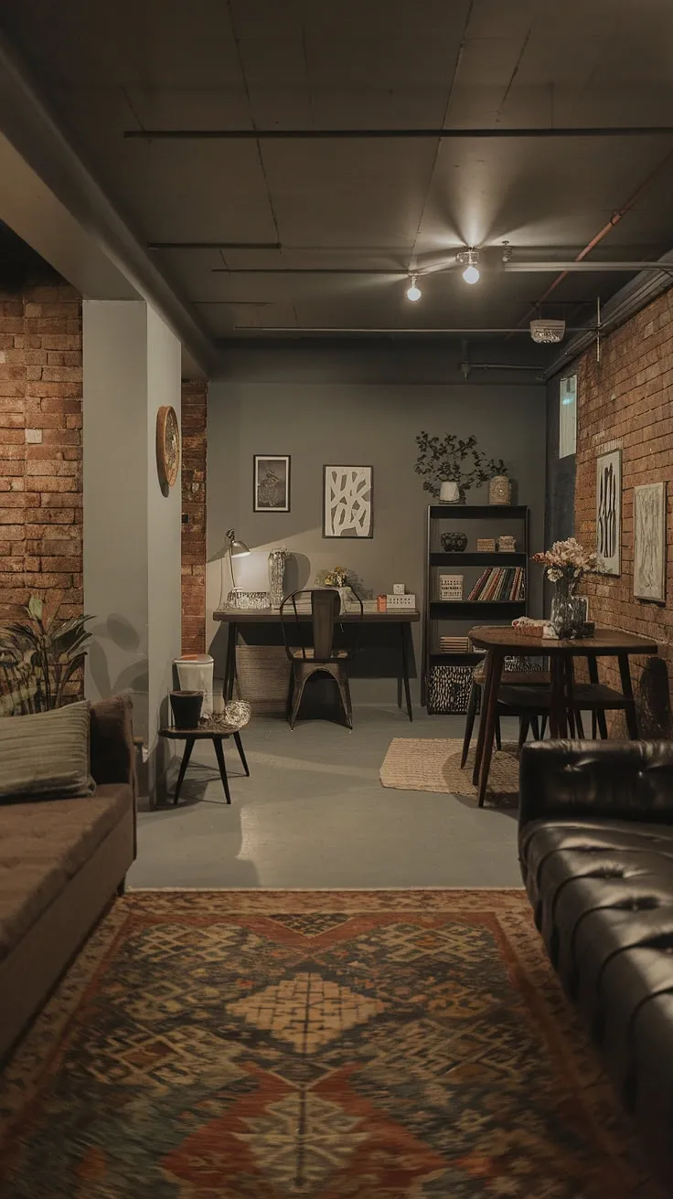 This moody basement features a vintage aesthetic with an open plan layout, cozy seating, and soft lighting, making it a perfect example of comfortable living in basement ideas.