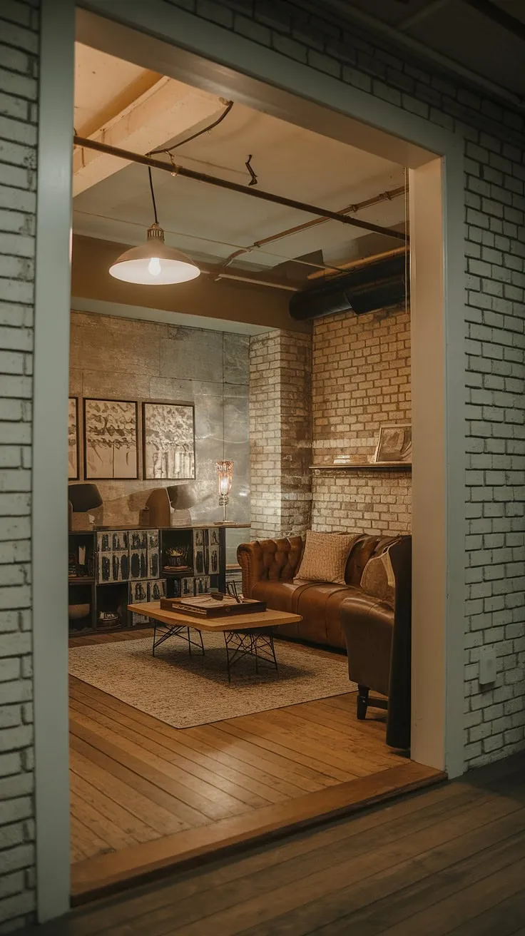 With exposed brick walls and wooden planks, this comfortable basement showcases cute unfinished ideas and stylish open plan designs for a cozy retreat.