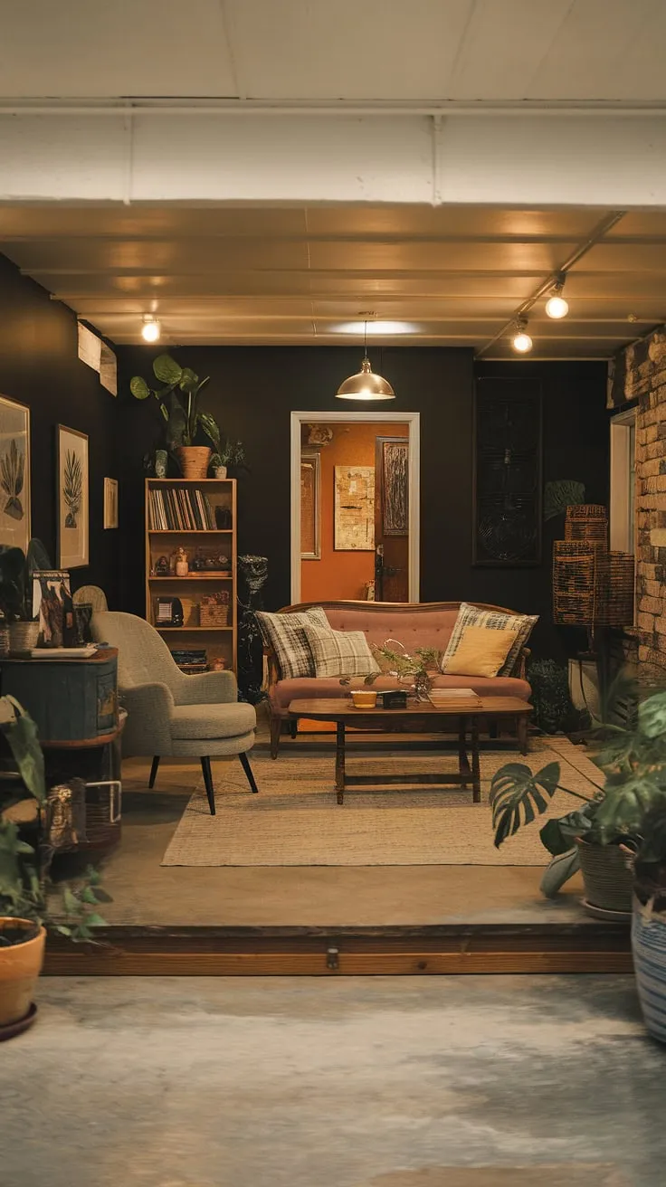 With its comfortable rec room vibe, this stylish basement combines dark walls, wood and concrete flooring, and potted plants for a perfect blend of small dark basement ideas and vintage charm.