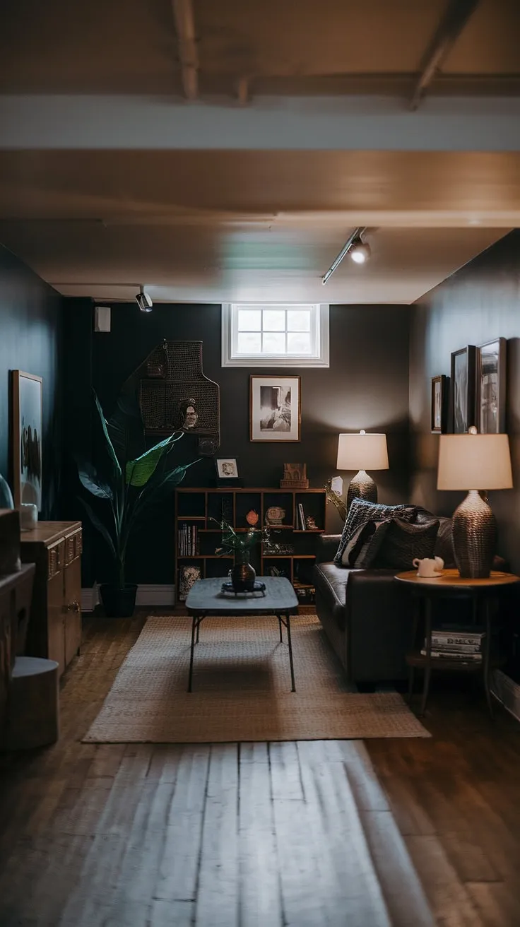 This moody basement features a cool aesthetic with an open plan layout, vintage remodel, and cozy rec room elements like a comfortable couch and decorative items, making it a perfect example of living in basement ideas.