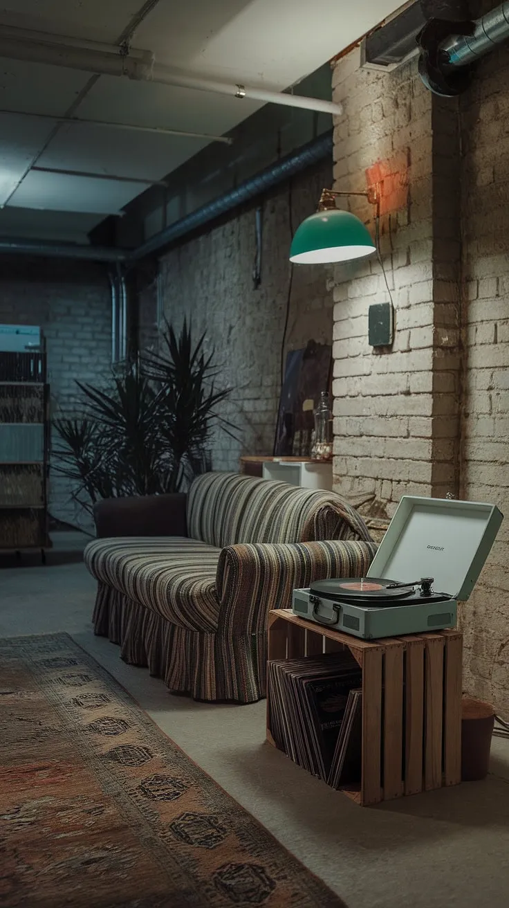 This moody basement features a cool aesthetic with an open plan layout, vintage decor, and cozy rec room vibes, making it perfect for living in or remodeling ideas.