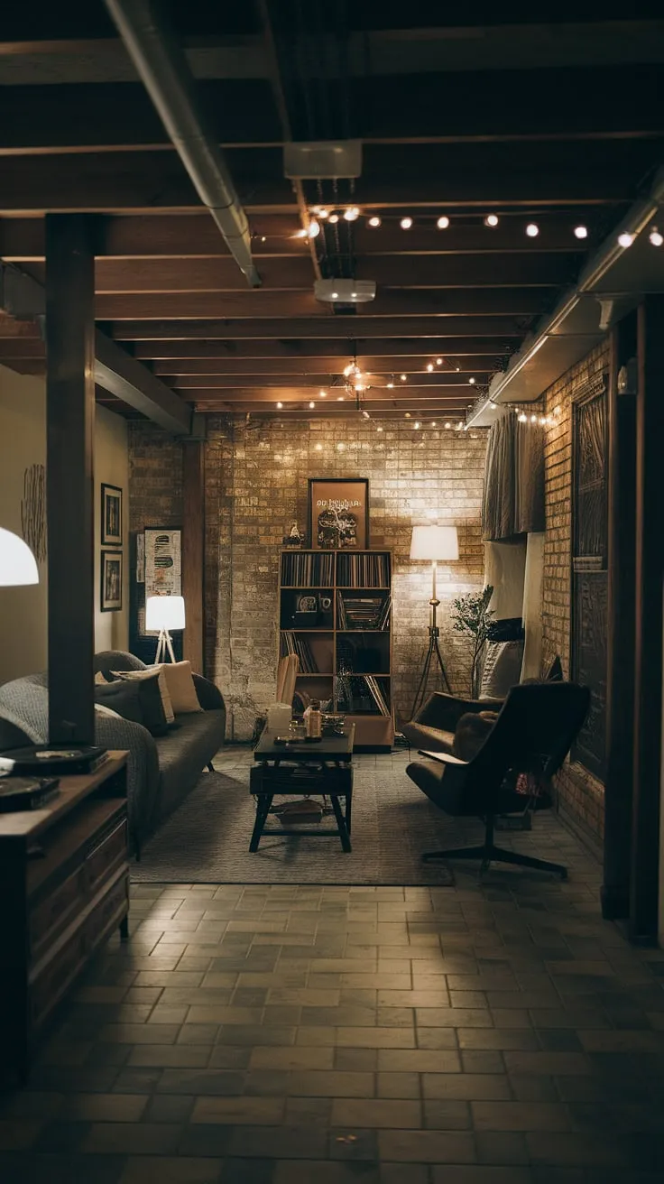 With its cool design and dim lighting, this vintage basement remodel showcases cute unfinished basement ideas and open plan basement ideas for a cozy and inviting atmosphere.