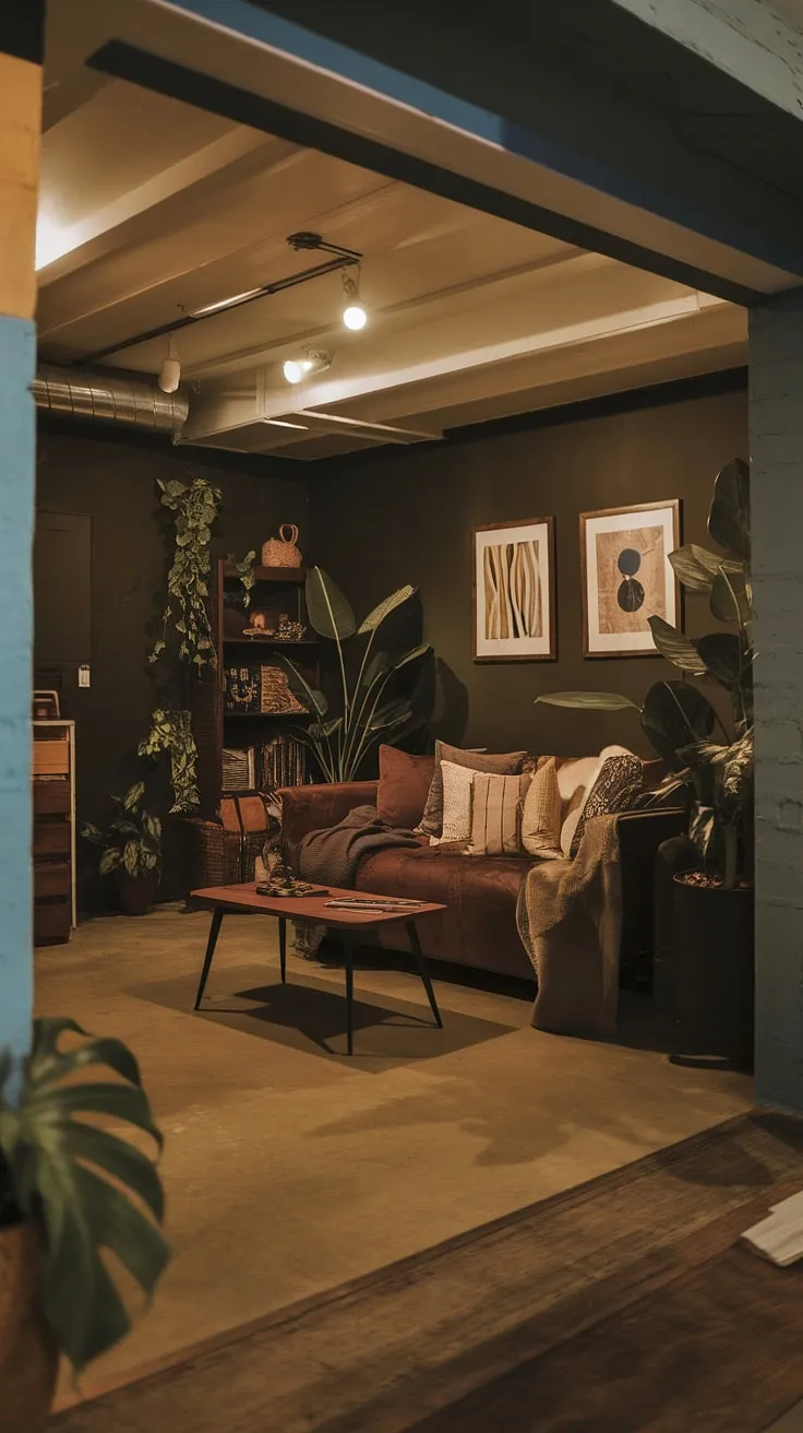 The stylish moody basement showcases a vintage remodel in an open plan layout, transforming it into a cozy rec room filled with comfortable furniture and cute unfinished ideas.