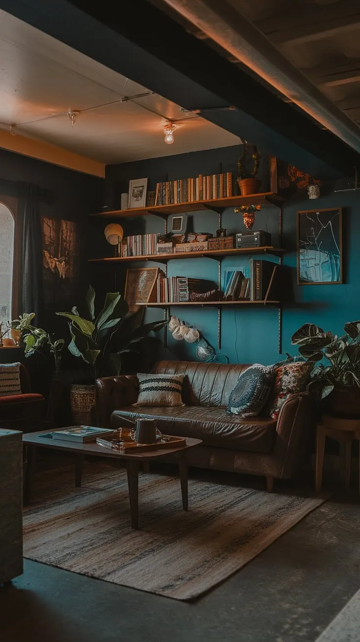 This moody basement features a cool aesthetic with an open plan layout, vintage remodel, and cozy rec room, making it a perfect example of living in basement ideas.