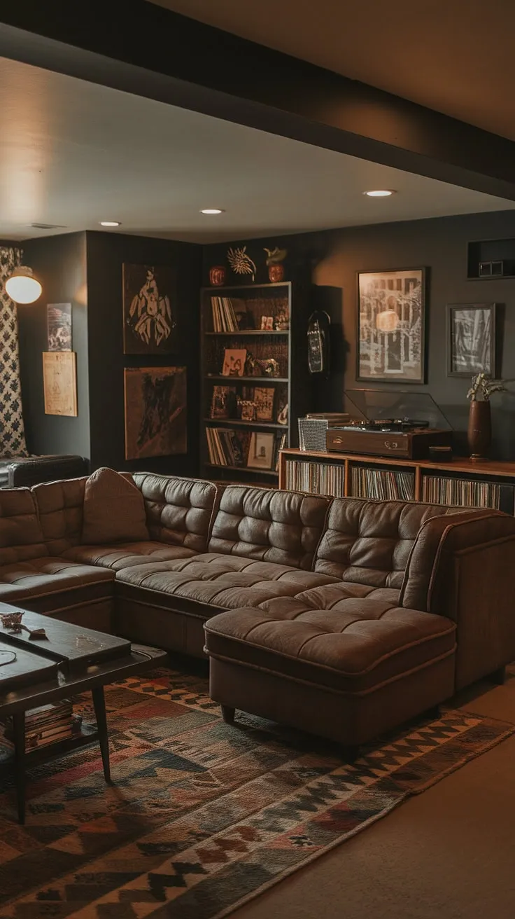 With its dark walls, warm lighting, and vintage decor, this comfortable basement transforms small dark spaces into inviting retreats for relaxation and entertainment.