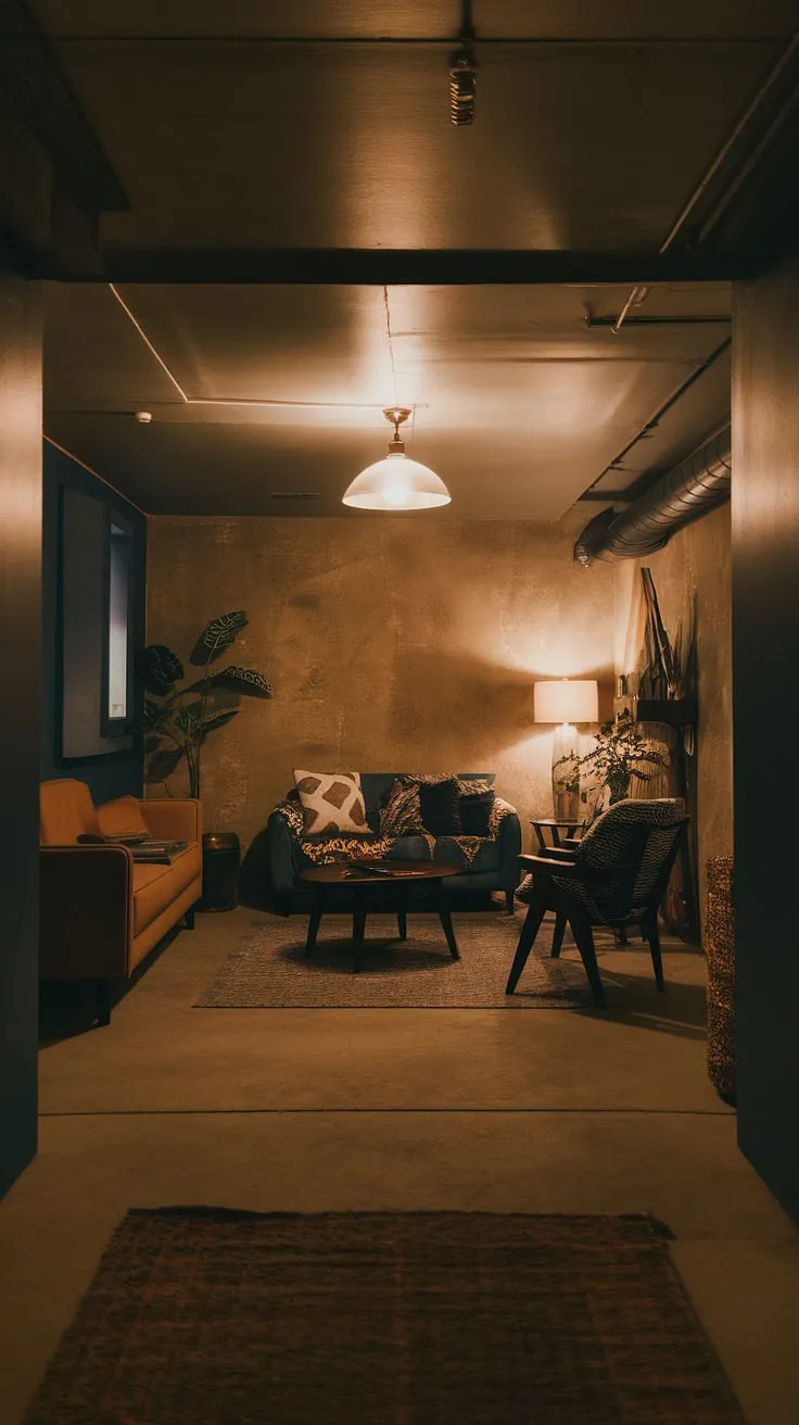 This moody basement features a cool aesthetic with an open plan layout, vintage decor, and cozy furnishings, making it an ideal space for living in or remodeling into a cute rec room.