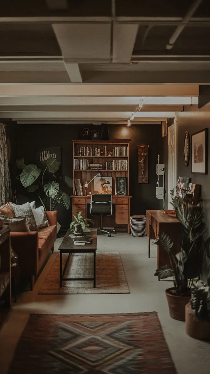 With its dark walls, exposed beams, and inviting furnishings, this comfortable basement showcases cool basement aesthetic and small dark basement ideas for a warm and welcoming retreat.
