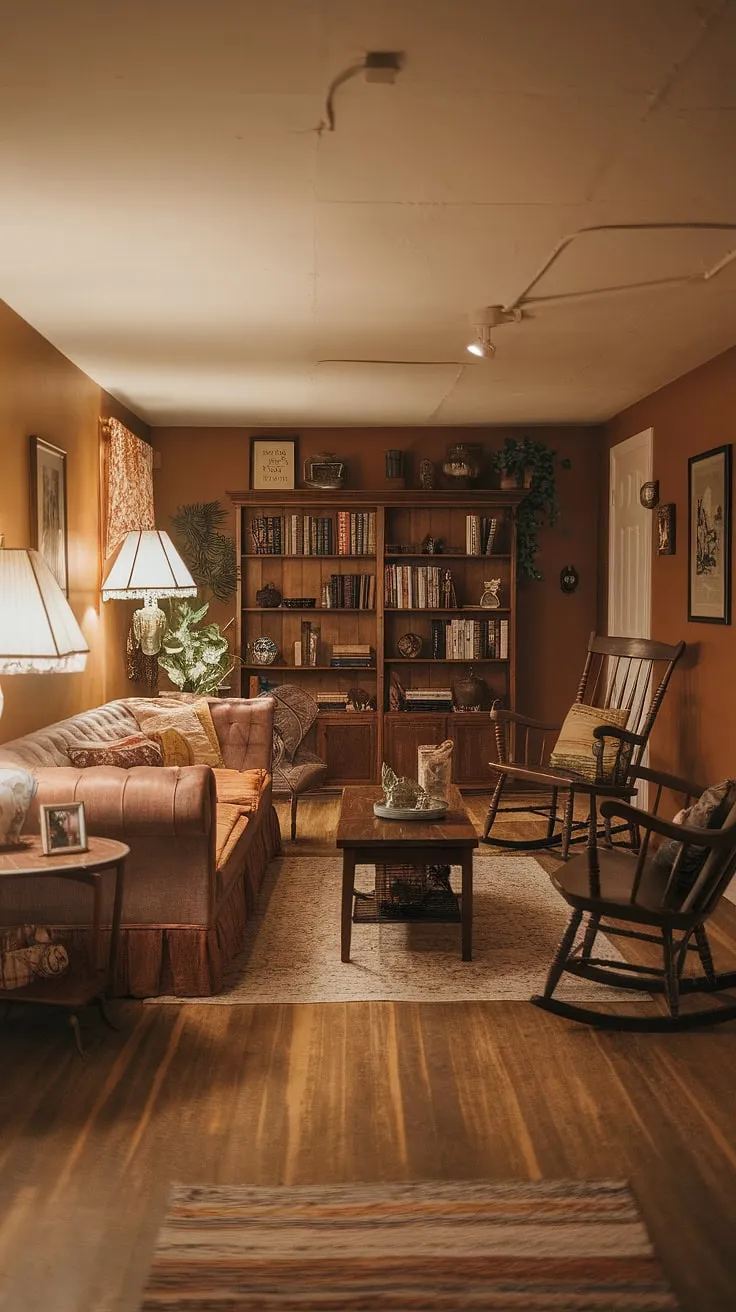 Create an inviting open plan basement with comfortable furnishings and personal touches that turn a small dark space into a stylish vintage retreat.