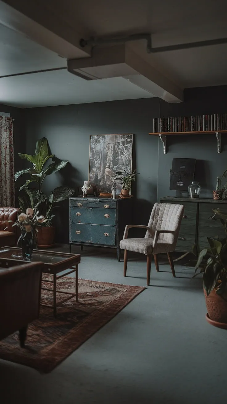 With its dark grey walls, comfortable seating, and soft lighting, this vintage basement remodel showcases cute unfinished basement ideas and small dark basement ideas for a stylish yet inviting space.