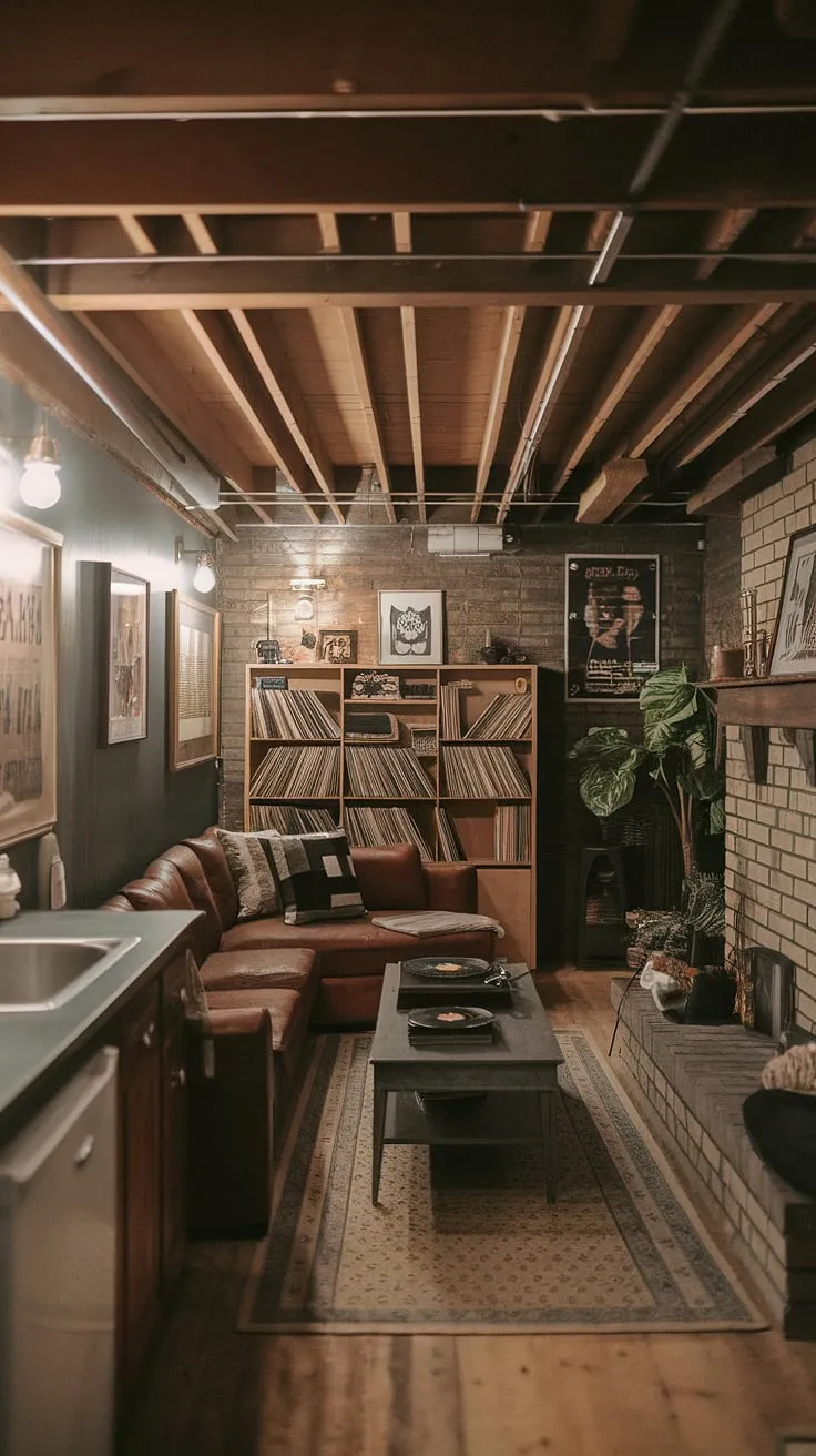 This moody basement features a cool vintage aesthetic with exposed brick, cozy rec room elements, and small dark basement ideas like a kitchenette and warm lighting for comfortable living.