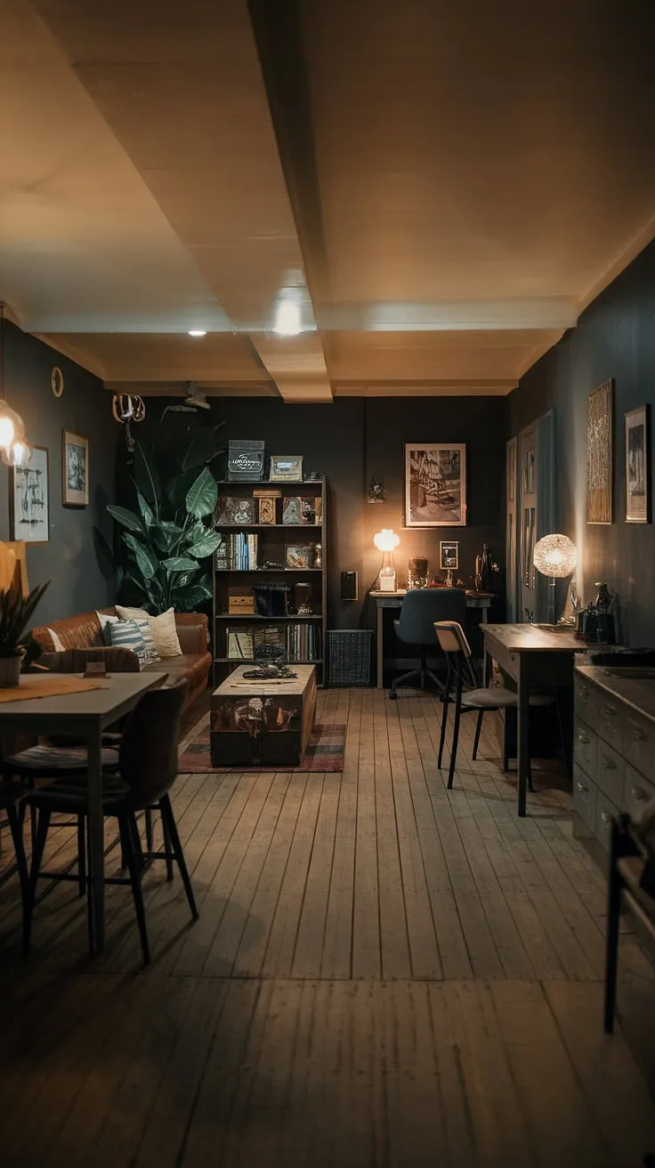 This moody basement features a cool vintage aesthetic with an open plan layout that includes a cozy rec room, dining area, and workspace, perfect for living in basement ideas.