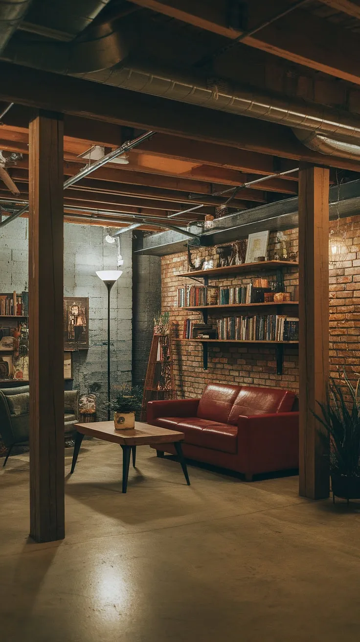 This moody basement features a cool aesthetic with vintage remodel elements like exposed brick and wooden beams, creating a cozy rec room perfect for living in with cute unfinished ideas and open plan designs.