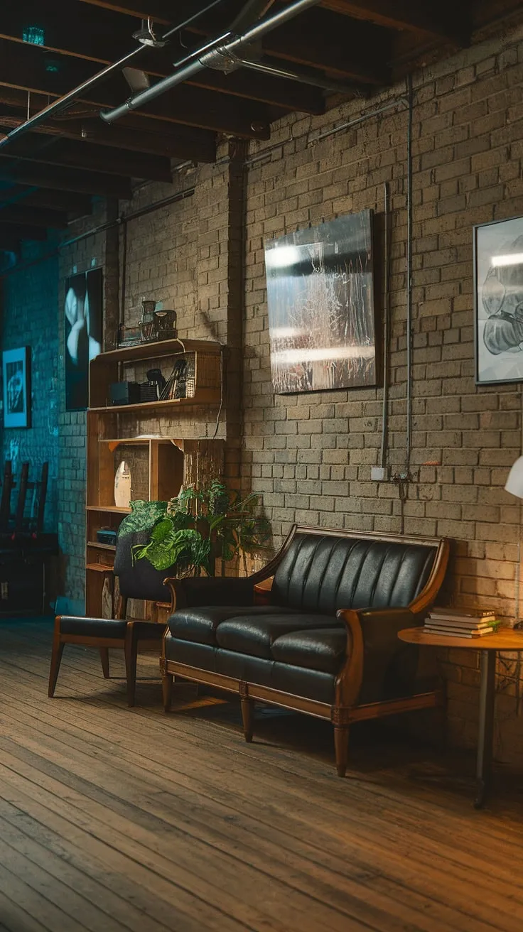 With its vintage couch, wooden accents, and artistic touches, this stylish basement showcases cute unfinished ideas and open plan designs for a cozy retreat.