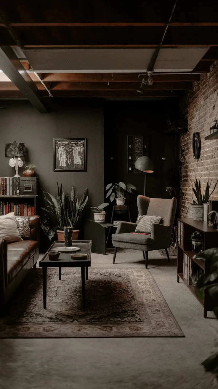 With its exposed brick walls, patterned rug, and stylish furniture, this vintage basement remodel showcases cute unfinished ideas for creating a cozy retreat.