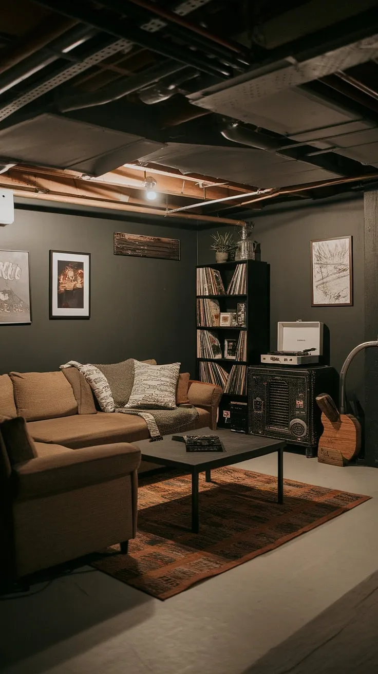 With its exposed ceiling and comfortable furnishings, this stylish moody basement offers cute unfinished basement ideas and open plan basement inspiration for a cozy retreat.