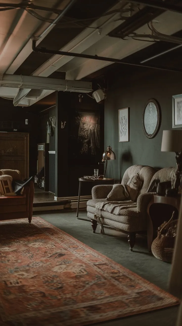The high-ceilinged, dark-walled basement showcases a cool basement aesthetic with a vintage remodel, perfect for living in or transforming into a cozy rec room.