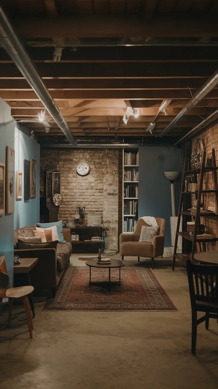 This moody basement features a cool vintage aesthetic with exposed brick walls and cozy furnishings, making it an ideal space for living in basement ideas or a comfortable rec room.