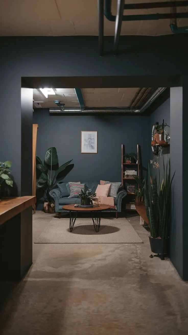 With its dark grey walls, concrete floor, and inviting decor, this vintage basement remodel showcases cute unfinished basement ideas and comfortable small dark basement concepts.