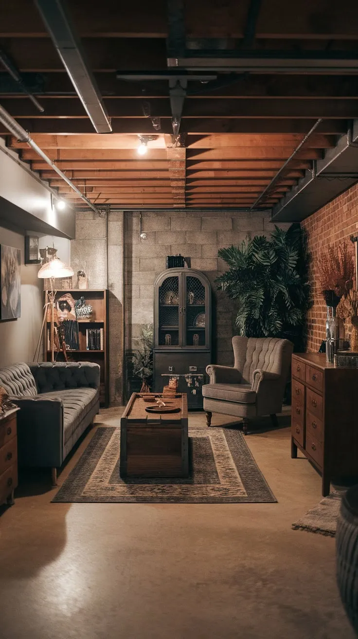 With its warm lighting, plush seating, and vintage decor, this stylish basement remodel offers inspiring living in basement ideas that blend comfort and charm.