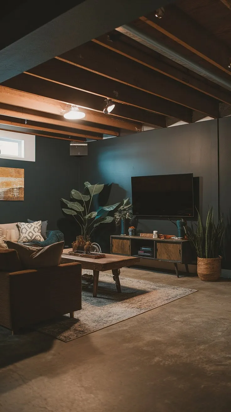 With dark grey walls, exposed wooden beams, and comfortable furnishings, this stylish space showcases cute unfinished basement ideas and small dark basement ideas.
