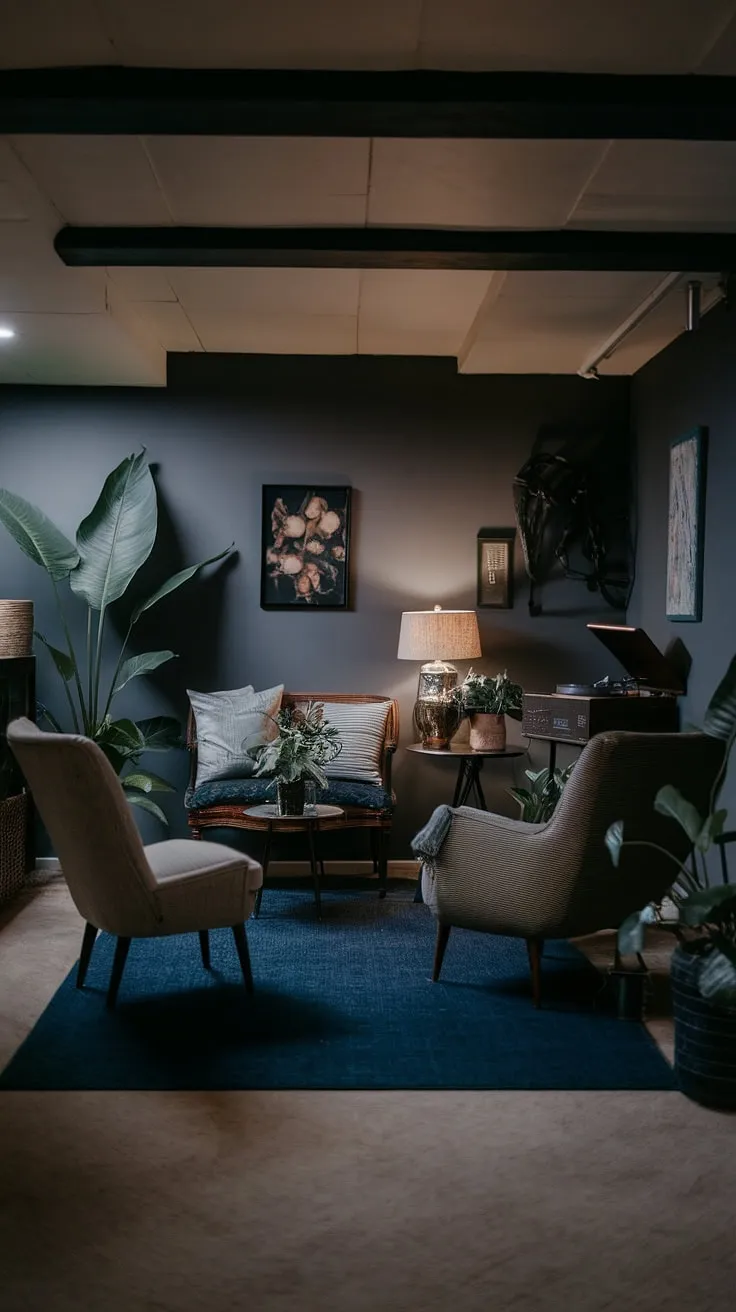 This moody basement features a cool aesthetic with an open plan layout, vintage decor, and cozy seating, making it an ideal space for living in or enjoying a rec room.