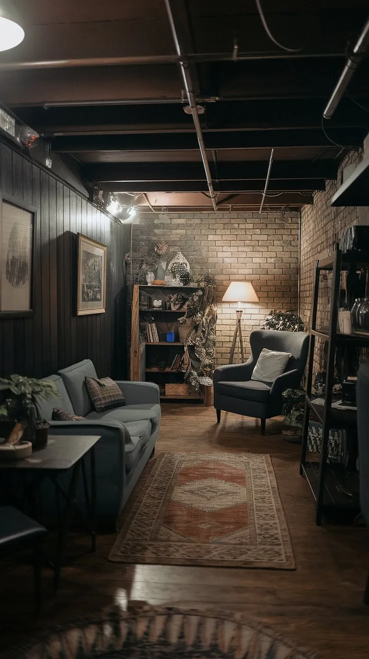With its stylish open plan and comfortable furnishings, this well-lit basement showcases small dark basement ideas that transform it into a charming retreat.