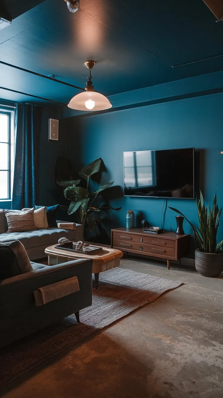 This moody basement features a cool aesthetic with an open plan layout, vintage touches, and cozy rec room ideas, making it a perfect retreat for living in the basement.