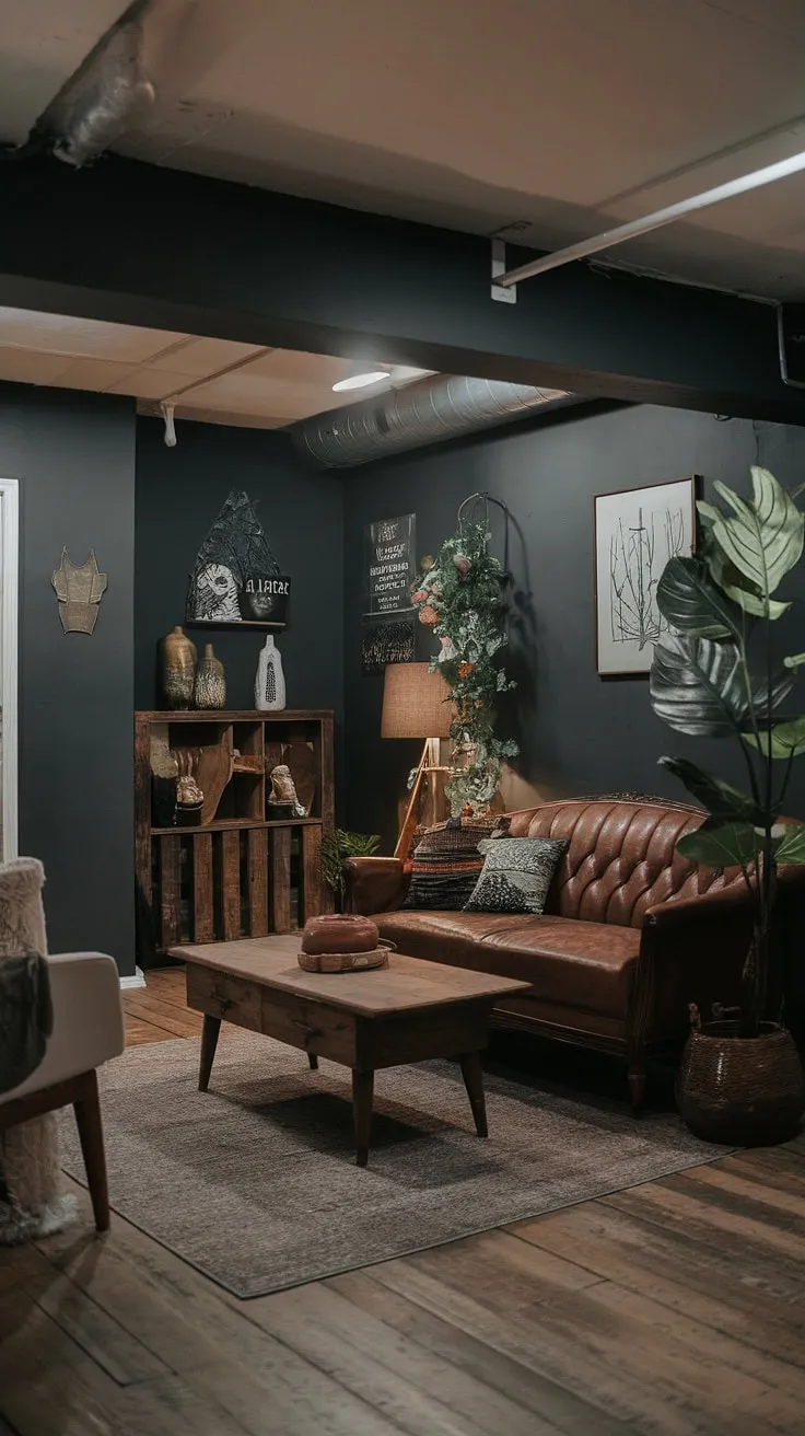 With its dark grey walls and comfortable furnishings, this stylish basement showcases creative ideas for transforming small dark spaces into inviting retreats.