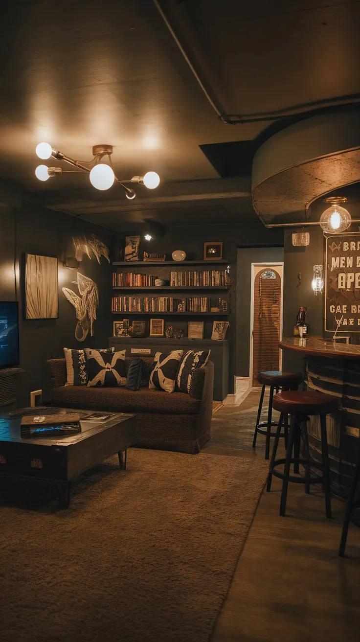 With its dark walls, vintage light fixtures, and plush rug, this stylish basement showcases cute unfinished ideas and comfortable spaces perfect for relaxation and entertainment.