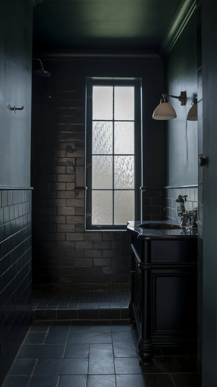 This bathroom is a moody sanctuary, where dark elegance meets soft illumination for a captivating retreat.