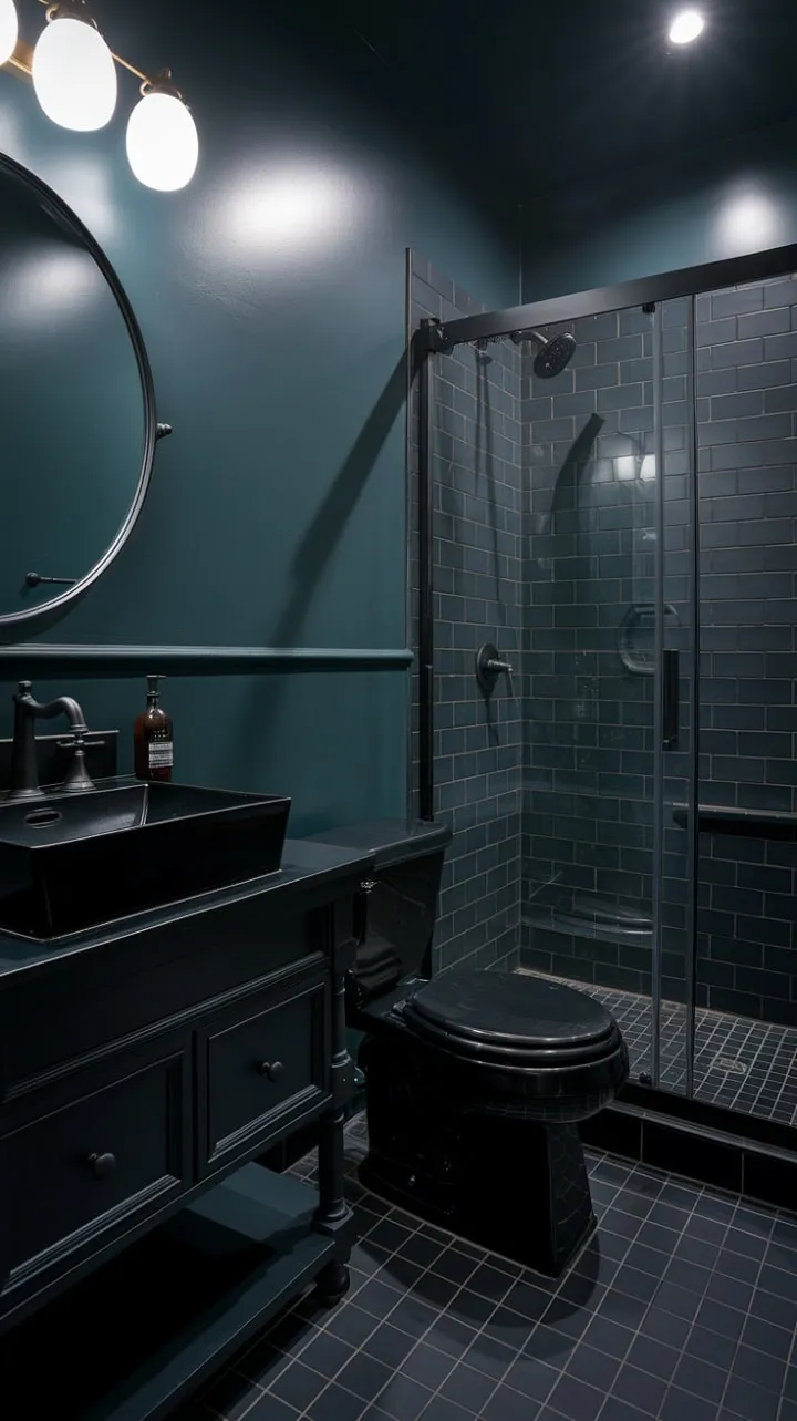 Step into a luxurious sanctuary where sleek black fixtures and moody grey walls create an alluring contrast, inviting you to embrace the elegance of darkness.