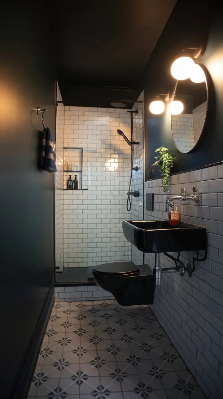 This tiny bathroom masterfully blends deep, moody hues with soft lighting and delicate details, creating a tranquil haven of understated elegance.