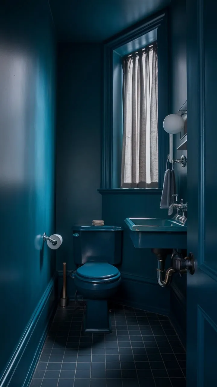 This compact bathroom, adorned in deep blue and dark tiles, exudes a luxurious intimacy perfect for serene moments of reflection.