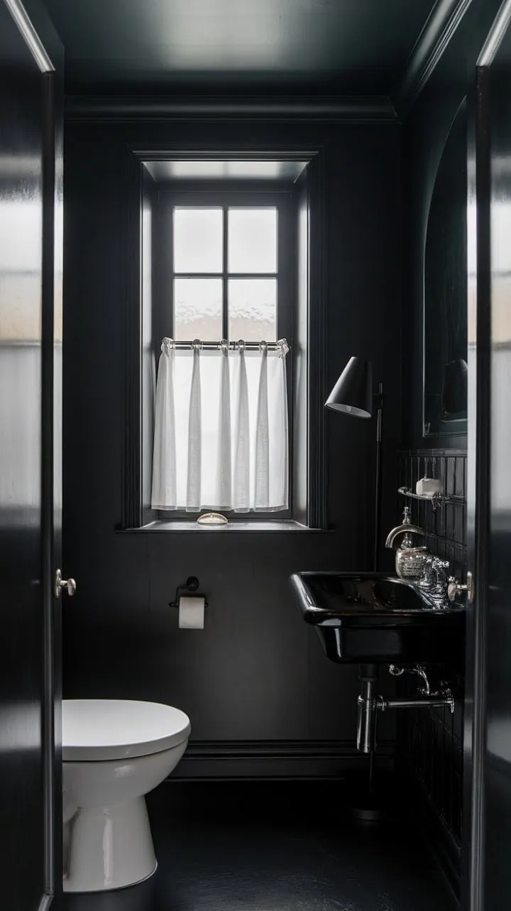This moody bathroom blends dark walls and sleek design into a sophisticated sanctuary of calm and drama.