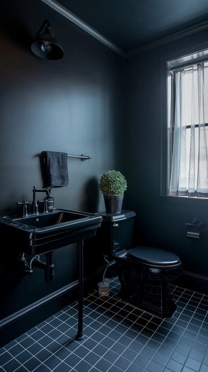 This bathroom transforms into a sophisticated sanctuary of dramatic charcoal hues and striking contrasts, where black fixtures and moody grey walls are beautifully enlivened by a single vibrant plant.