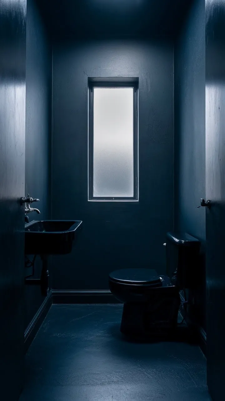 Step into a sanctuary of quiet contemplation, where dark grey walls and a sleek black suite weave an atmosphere of sophisticated mystery, illuminated by the soft glow of a frosted window.