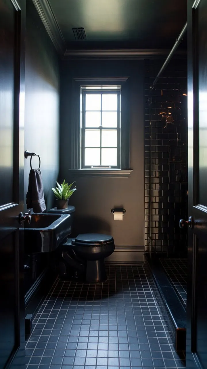 This dark, stylish bathroom blends moody elegance with serene simplicity, creating a tranquil retreat illuminated by a single, soft-glowing window.