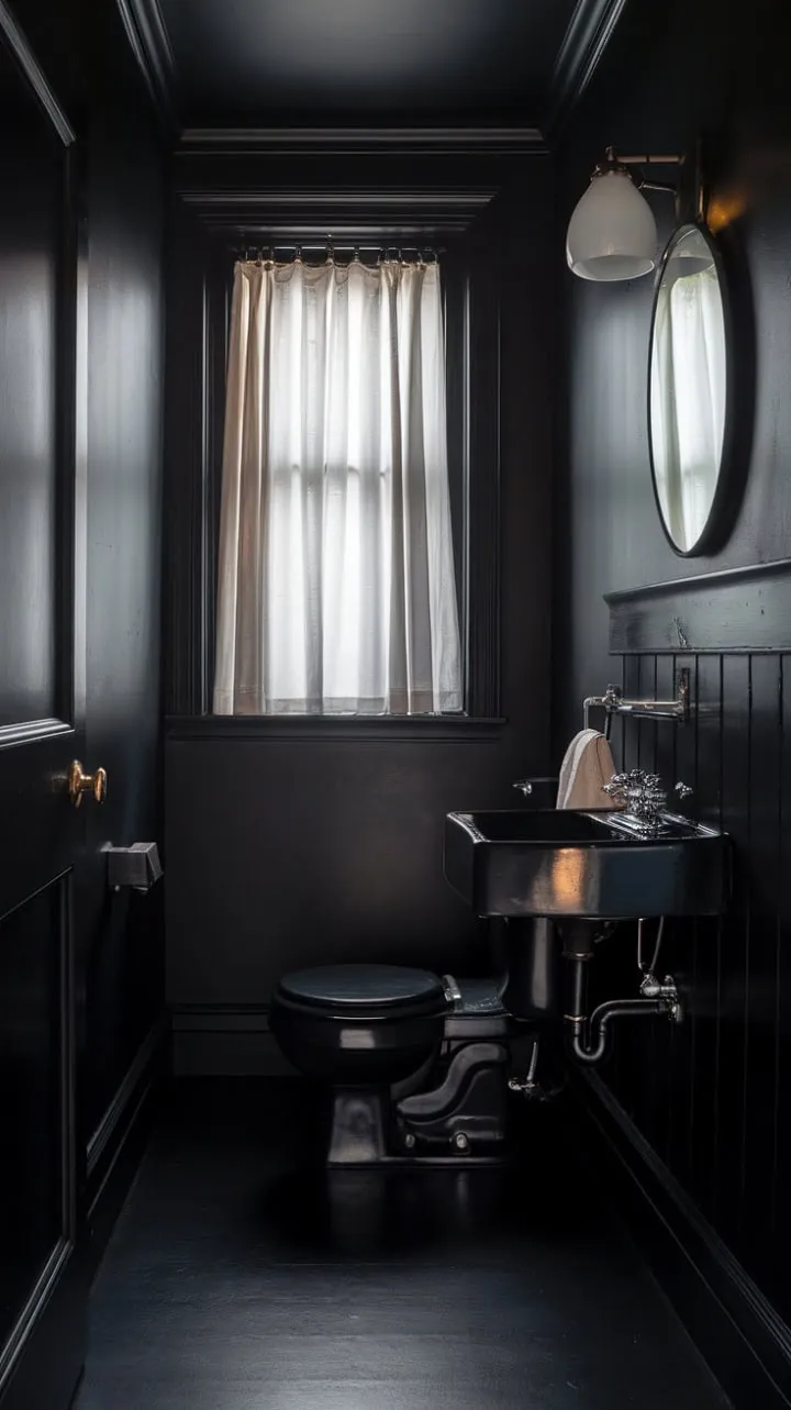 In a tiny black bathroom illuminated by a solitary spotlight, vintage charm meets unexpected elegance through the striking contrast of white curtains against dark walls, enveloping the space in mystery and sophistication.