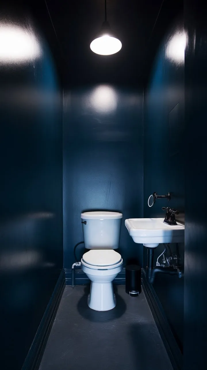 In a serene haven of navy and white, minimalist elegance transforms a tiny space into a luxurious retreat illuminated by a gentle glow.