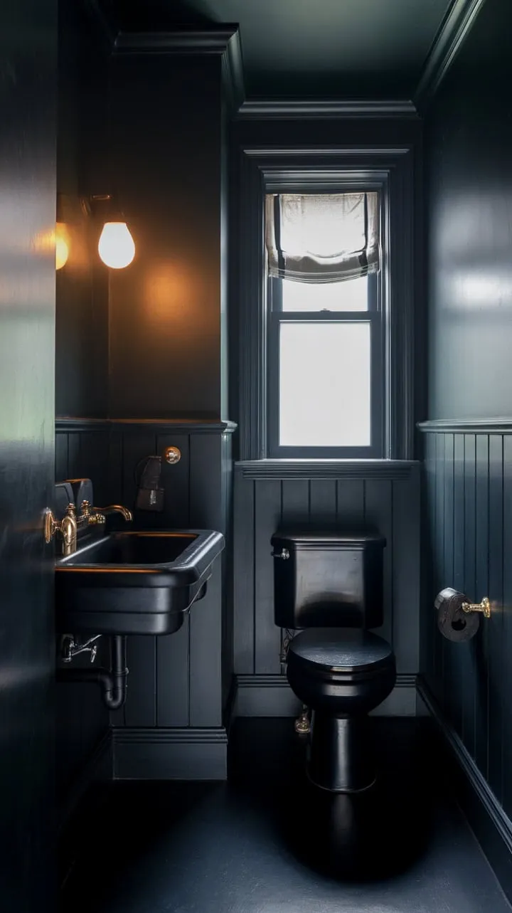 This moody bathroom masterfully blends dark elements with soft accents, creating a serene sanctuary of elegant contrasts.