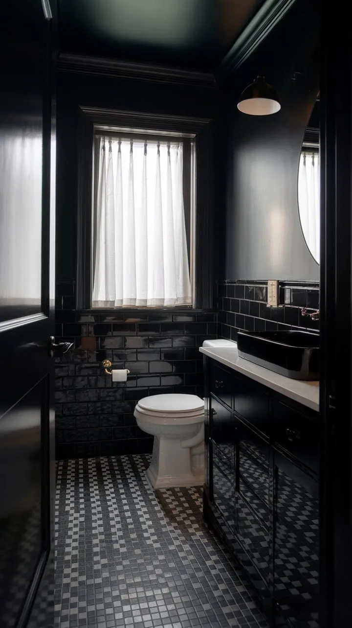 The striking black and white checkered floor leads into a chic, calming powder room that masterfully balances bold contrast with minimalist elegance.