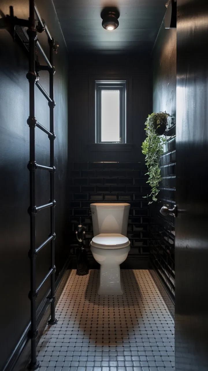 This captivating powder room masterfully balances moody black walls and a checkered floor with unexpected touches of white and greenery, creating a sanctuary of elegance and intrigue.