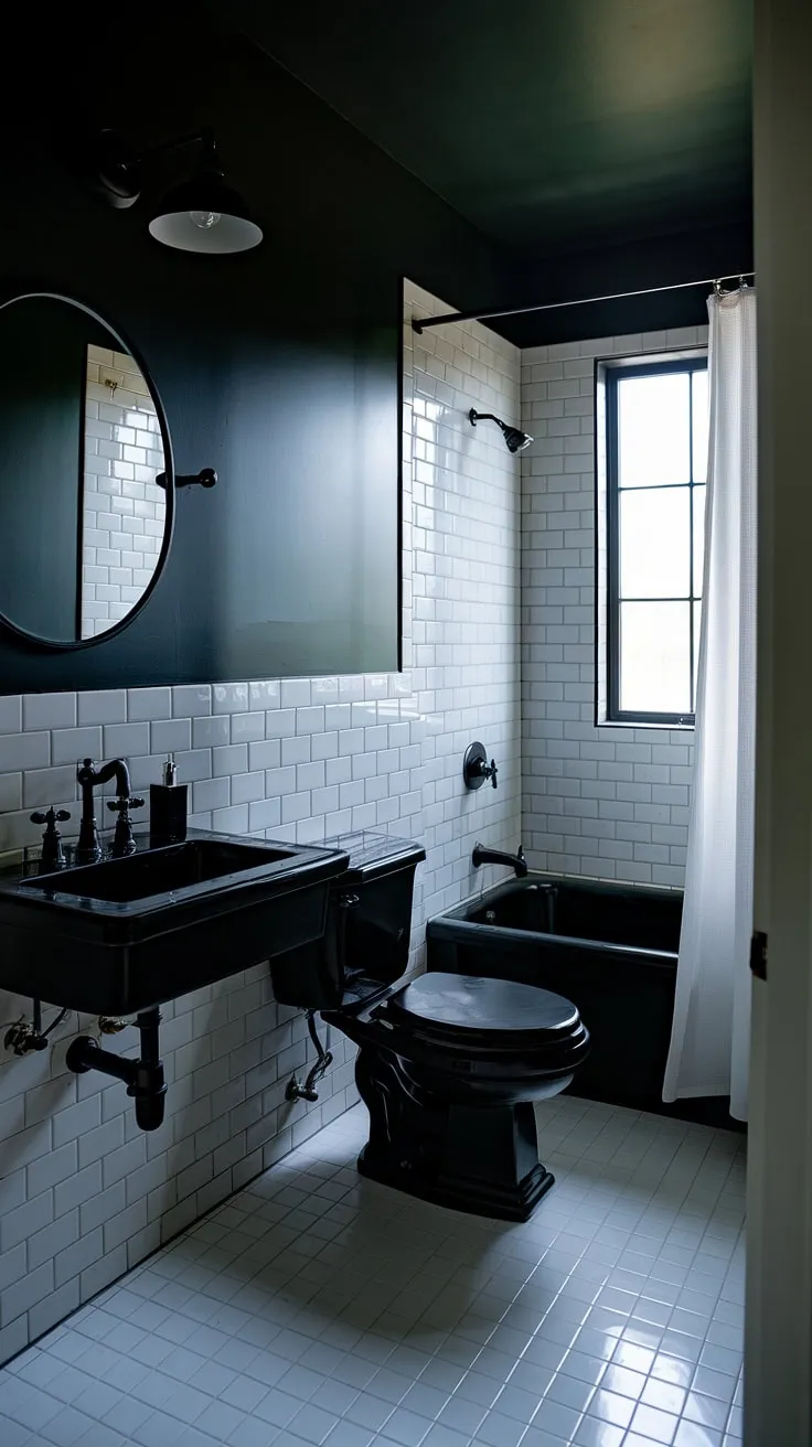 The dark powder room showcases a black sink, toilet, and bathtub, perfectly embodying moody bathroom ideas for a stylish half bath.