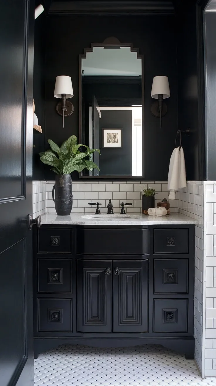 Elevate your home with a moody bathroom design that showcases a dark powder room, black accents, and creative remodel concepts for a captivating master and tiny half bath.