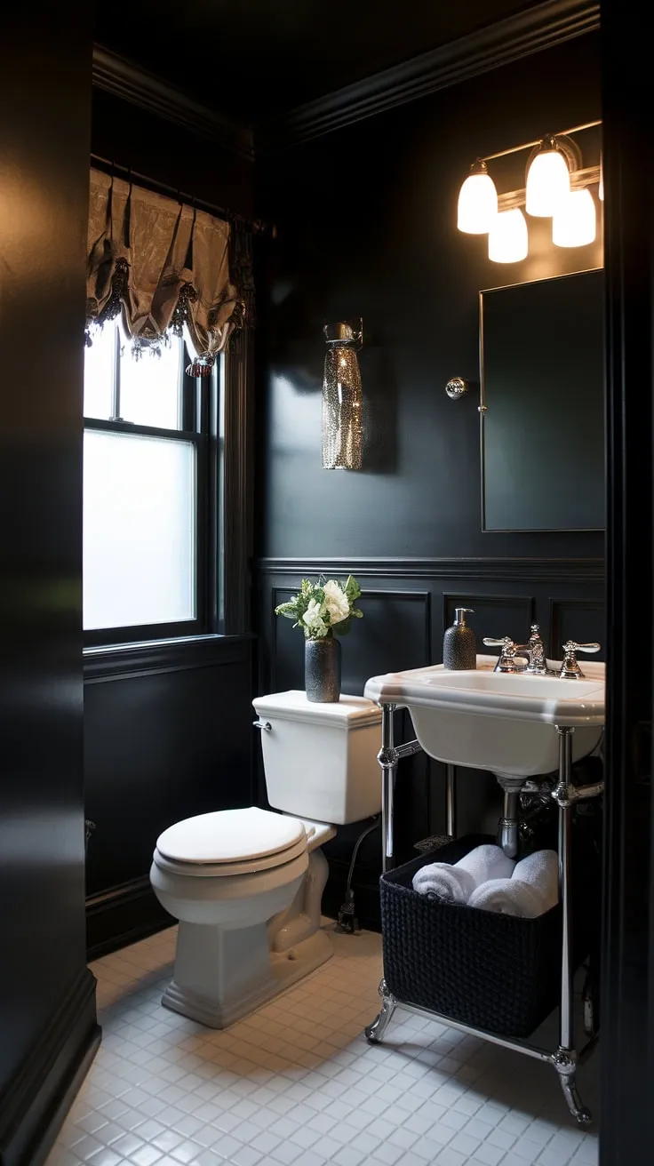 This moody bathroom features dark paint and a stylish design, transforming a tiny powder room into a chic master bath with bright lighting and elegant white tiles.